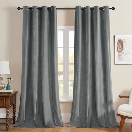 Joydeco Vorhänge Samt Thermovorhang Kälteschutz Samtvorhänge 2er Pack H 220 x B 140 Grau Wohnzimmer Elegant Verdunklungsvorhänge Blickdicht Schlafzimmer