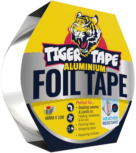 Tiger Tape® Aluminium Foil Tape | Highly Adhesive, Heat Resistant, Insulation Tape for Insulating and Sealing Ducts, HVAC, Panels, Pipes Silver (48mm x 10m)