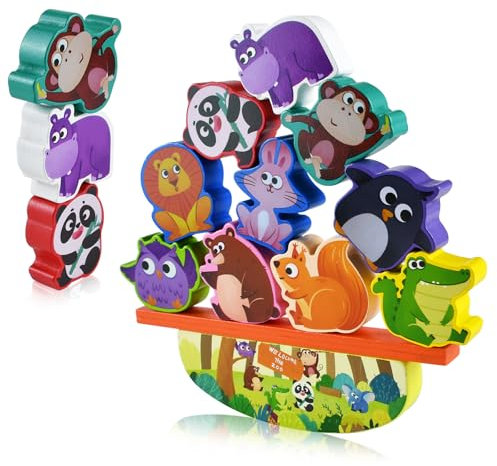 Empilables Bois Animaux Blocs de Construction,Animaux Bois,Jeu d'Empilage Jeu d'équilibre Bois,Animaux Blocs de Construction Cadeaux de Jeu Éducatifs pour 3 4 5 Ans,Cadeau d'anniversaire
