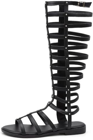 IF Fashion Scarpe Sandali Gladiatore Stivali Estivi Alti al Ginocchio da Donna Fibbia Borchie L7210 Nero N.39