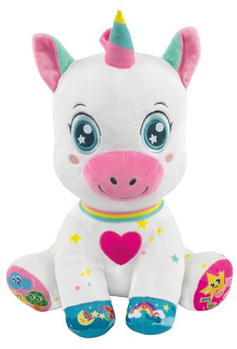 Clementoni Baby Chispa Unicornio Canta y Brilla, Peluche interactivo parlante, juego musical para niños a partir de 6 meses, Centro de actividades para el desarrollo sensorial y cognitivo, idioma
