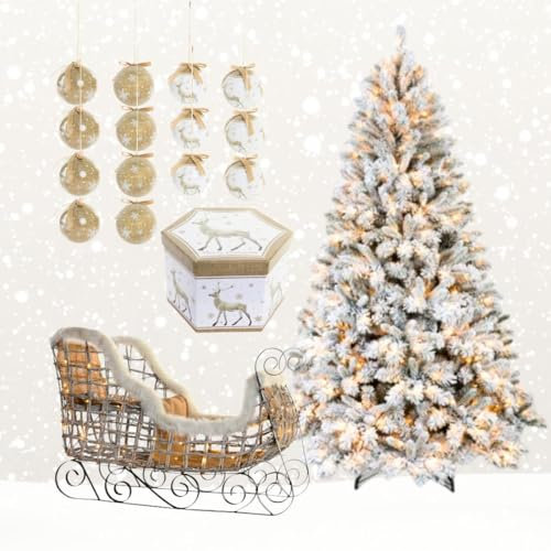 Albero di Natale Frondoso nevoso con luci 180 cm, slitta natalizia 60 x 90 cm con luci a LED, 14 palline di Natale, confezione natalizia decorazione, albero di Natale grande con neve
