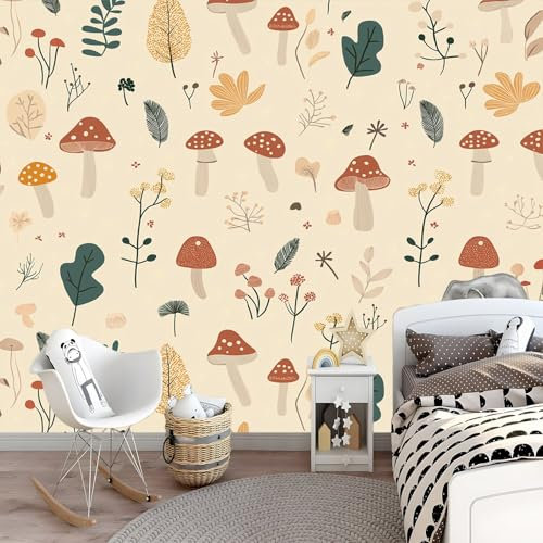 Fototapete 3D EFFEKT Niedlicher Wald Pilz Blumen Beige 400 x 280 cm - für Wohnzimmer Spielzimmer Flur Modern Vlies Tapete Vliestapete Wandtapete Motivtapeten UV-Beständig