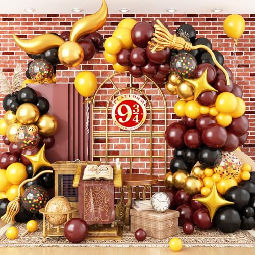 HILAVO Black Burgundy Gold Balloons Garland Kit Burgundy Maroon Black Metallic Confetti Balloon Arch with Gold Long Balloons Star Foil Balloon for Halloween Birthday Baby Shower Party Decor