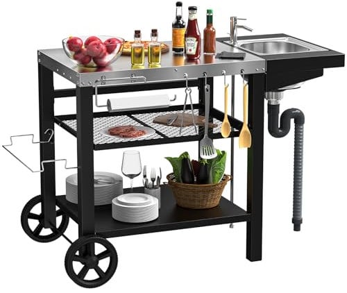 GFTIME Carro de barbacoa 107 x 63 x 81 cm, barbacoa con fregadero para Ninja woodfire, para hornos de pizza, exterior resistente a la intemperie para hornos de pizza, para Weber Q1000, Q2000, cocina