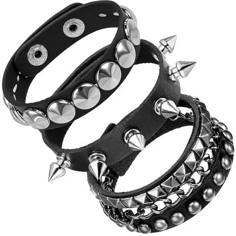 PEOVLVN 3 Stück Punk Rock Armband Leder Armband Nietenarmband Herren Damen Armband Emo Accessoires Gothic Breites Armband mit Verschluss Rock Armband Set Biker Armband für Party/Konzert/Cosplay