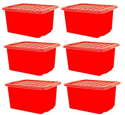 Pemienterprize Ltd 6 x 24L Red Plastic Containers with Lids Stackable Cupboard Organising Crates Toys Shoes Stationery Tools Storage Boxes for Garage Office Kitchen Garden