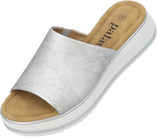 Palado Sandalen Damen Rhat – bequeme Hausschuhe mit Plateau-Sohle - modische Pantoletten - elegante Sommerschuhe Silber UK5,5 - EU38