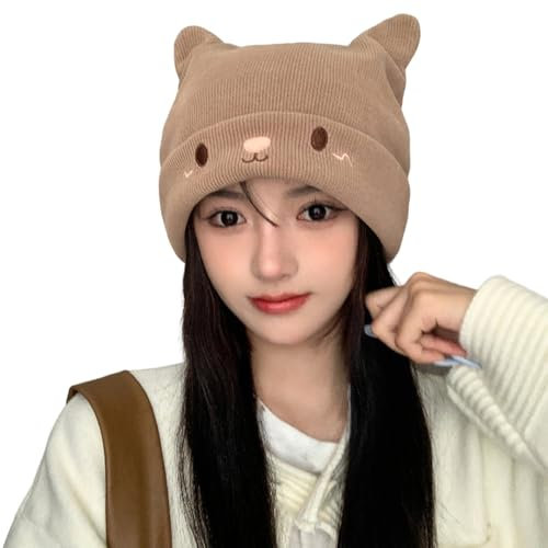 LOIJMK Women Men Girls Boys Teens Cute Cat Ear Knit Cable Rib Hat Cap Beanie Soft Cold Cozy Autumn Winter Women Beanie Cap for Outdoor Haube Kinder (Khaki, One Size)