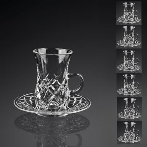 Turkish Crystal Glasses Cups Saucers Set, Clear Glasses with Handle, Vintage Glassware, Drinking Glasses and Tray for Coffee and Tea, Kitchen Decor (Style C, 6pcs)