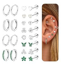 CASSIECA 12Paar Ohrringe Silber Set, 316L Chirurgenstahl Ohrringe für Damen Medizinische Ohrstecker Creolen für Mehrfachpiercing Grün Kubisch Silber Helix Tragus Piercing Ohr