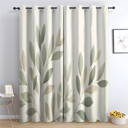 Venivici Blätter Vorhänge Wohnzimmer Schlafzimmer - Grüne Blatt Minimalistisch Vorhang 220 cm Lang Blickdicht, Gardinen mit ösen, Verdunklungsvorhänge Kinderzimmer, Thermovorhang 2er Set
