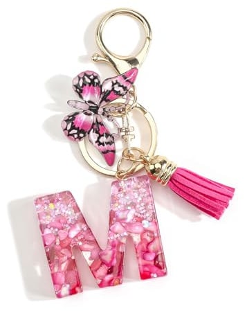 Porte-clés pour femme avec initiales en résine, pendentif tassel et papillon, bijou de sac élégant, cadeau collègue, accessoires charms pour sac à main, superbe porte clef maman anniversaire