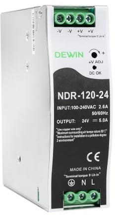 DEWIN Alimentatore 24V 5A din 120W Alimentatore per guida din Trasformatore per guida,Ingresso AC 100-220V 2,6A Uscita DC 24V 5A (Con Manuale in Italiano)