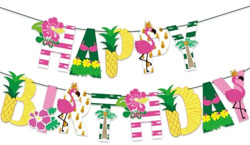 Ovanda Hawaii Girlande,Happy Brithday Banner, Flamingo Banner, Haw Party Banner Dekorationen, Beach Ananas Flamingo Deko, Gartenparty Draußen, Dschungel Geburtstag Dekoration