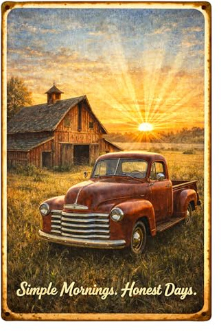 Blechschild Vintage Pickup Truck – Retro Metall Schild mit Scheune & Sonnenaufgang – Nostalgie Wanddeko Landhaus & Farm – 20x30 cm für Küche, Garage & Wohnzimmer – AstraDesign