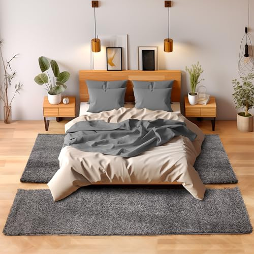 Unbekannt Shaggy Hochflor Teppich Carpet 3TLG Bettumrandung Läufer Set Schlafzimmer Flur, Farbe:Grau, Bettset:2x60x110+1x80x150