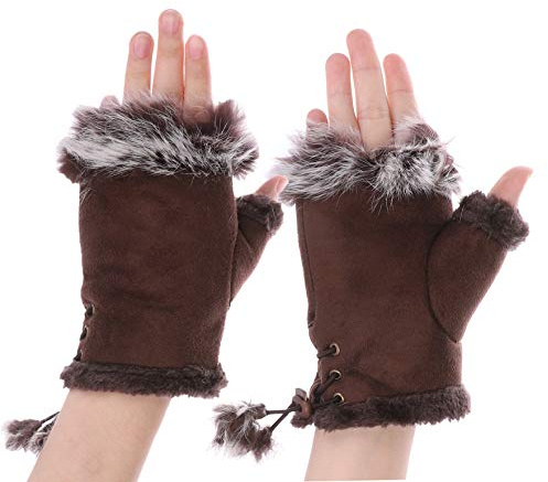 Women Faux Suede Gloves Fingerless Gloves Mittens Half Finger Gloves Fleece Lined Warm Winter Touchscreen Gloves Thicken Fluffy Wrists Hands Warmer With Adjustable Elastic Band
