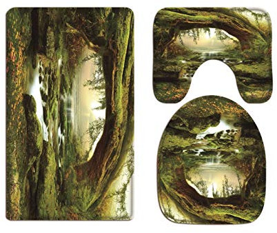 A.Monamour Badezimmer Badematte 3 Teilig Set Mysteriöse Grüner Dschungel Bäume Ströme Regenwald Sommer Natur Landschaftskunst Dekor Flanell Saugfähig Badteppiche Badvorleger Badgarnitur WC Vorleger