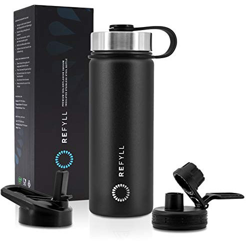 REFYLL Trinkflasche Edelstahl “easyFYLL” 500ml I Premium Thermoflasche für Wandern, Fitness, Fahrrad, Schule und Büro I Wasserflasche Edelstahl + Gratis Sportdeckel & Deckel mit Strohhalm
