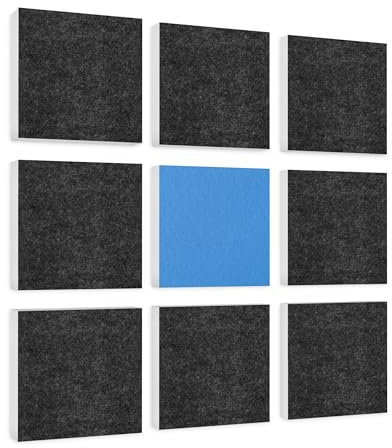 platino24 Akustikpaneele 9 Elemente Colore Quadrat 27,5 x 27,5 cm Anthrazit + Lightblue I Schallabsorber aus Basotect G+ mit Akustikfilz I Schalldämmung Wand & Decke I Akustikelemente Wandpaneel