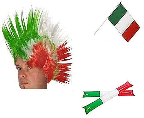 Zeus Party Kit per Partite Della Nazionale Italiana di Calcio - Parrucca a Cresta Tricolore Bandierina e Palloni Gonfiabili Supporta l Italia con Questi Fantastici Gadget Euro 2024
