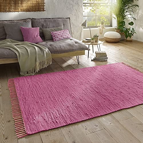 Taracarpet Handwebteppich Läufer Fleckerl Teppich Uni waschbar aus Baumwolle für Wohnzimmer und Küchenteppich 200x300 cm rosa