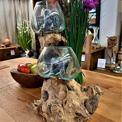 Paraphernalia Natural Tree Root Wood with Molten Glass Bowl - Double Bowl - Hand Blown Natural Shape Glass Forms Over The Wood ( Part of Our Reclaimed Natural Teak Root Wood Range)