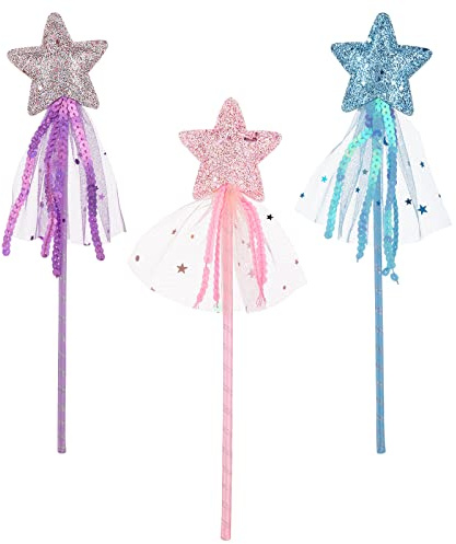 ASTER Glitter Star Wands 3Pcs 11 Inches Princess Angel Fairy Star Magic Wands Girls Fairy Magic Dress-up Star Wand Angel Fairy Costume Props Wands Sticks for Birthday Halloween Christmas Party