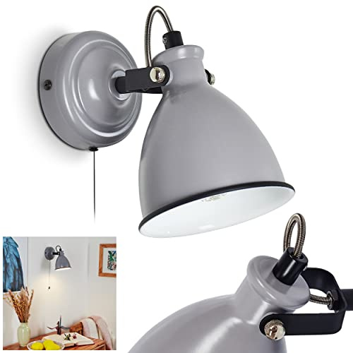 Wandleuchte Selki, moderne Wandlampe aus Metall in Grau matt/Weiß/Schwarz mit verstellbarem Strahler, Leuchte im Retro/Vintage-Design mit Zugschnur am Gehäuse, 1-flammig, 1 x E14, ohne Leuchtmittel