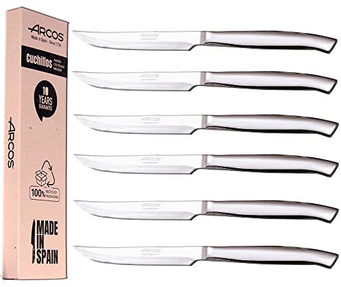 Arcos Juego Cuchillos Carne | 6 Piezas | Cuchillos Carne Cuchillo chuleteros | Cubiertos Acero Inoxidable | Hoja 110 mm | Mango Redondo y Forma Ovalada | monobock | Caja Envase Ecológico (Filo Liso)