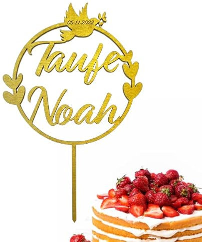 Birdart Box Taufe, Kommunion, Konfirmation Tortenstecker mit Namen – personalisierter Tortenstecker aus umweltfreundlichem Holz, stabiler Cake Topper 15cm Durchmesser (Variante 1, Gold)