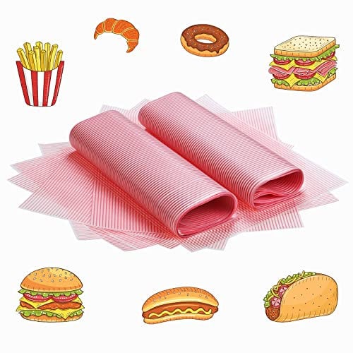 Moendergo 100 PCS Wrap Paper, Wrapping Waterproof Oilproof Wax Paper Sheets, Food Wrapping Tissue Basket Liners Deli Papers for Cake Bread Wrapper Non-Stick (Pink Stripes)