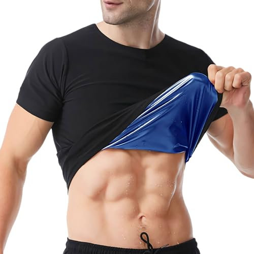 Sauna Shirt for Men, Short Sleeve Sauna Suit, Sweat Body Shaper Sauna Vest Gym Exercise Sauna Top (Black-blue, XL)
