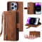 UEEBAI Wallet Case for iPhone 14 Pro Max 6.7 inch, Retro 9 Card Holder Slots Zipper Pocket Handbag Case PU Leather Magnetic Closure Kickstand with Wrist Strap TPU Shockproof Flip Case - Brown