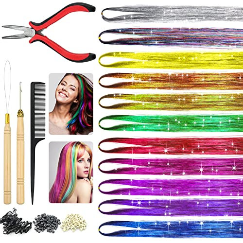 2880 Haarsträhnen Kinder, 12 Farben Glitzersträhnen für Haare mit Werkzeug, 48 Inches Glitzer Haarsträhnen zum Flechten Haar Lametta, Sparkle Tinsel Hair Extensions für Frauen Mädchen Kinder Cosplayer