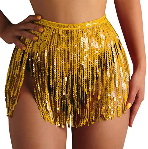 Rave Rock Bauchtanz Hüfttuch Kostüm Latin Dance Röcke Pailletten Quaste Fransen Hüfttuch Outfits Rock Gürtel Festival Kleidung Hüftschal Rave Outfit für Damen (Gold, S)