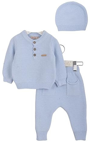 Minora Baby Winter Kleidungs Set | Hose, Pullover und Mütze für Jungen und Mädchen | Langarm Tops und Hose Sweatsuit Outfits Kleidung | Oberteile und Hosen | Blau - mit Taschen | 9-12 Monate