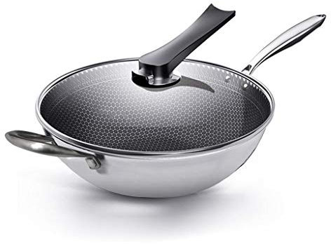 PURRL Padella Senza Fumo Padella Antiaderente Wok In Acciaio Inox Padella A Nido D'ape Con Coperchio In Vetro Padella Pentole Da Cucina (Size : 34Cm) (32Cm) little surprise
