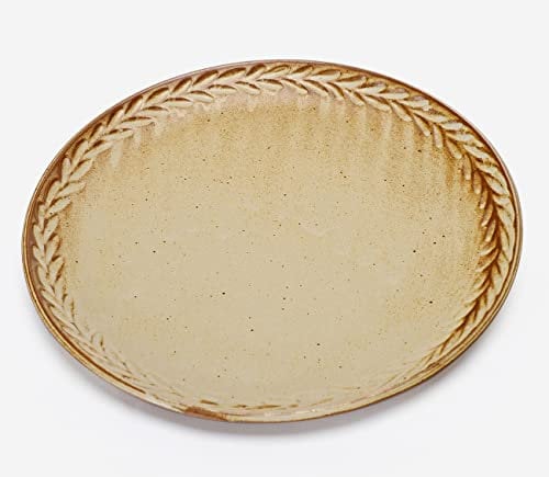 globe faith 3-Piece Handmade Stoneware Dishware Plates, 9-25-inch Matte Craft Pottery Dinner Plates Microwave Safe, Embossing Wheatear Rimmed Ceramic Dinnerware Platters, Earthy Brown