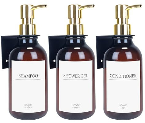 Seifenspender Wandbefestigung, Shampoo Flaschen Zum Befüllen Mit 16 Wasserdichten Etiketten, Spülmittelspender Ohne Bohren, Badezimmer Seifenspender Set, 500ml, 3 Stück, Gold Bernsteinfarben