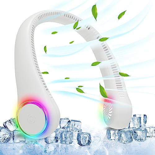 GULAKI Neck fan, Portable Fan with 5-17H Lifespan, 4000mAh Personal Fan with 3 Adjustable Speeds and 64 Cool Lights, Nice Rechargeable Fan, Hands-Free Bladeless Personal Fan for Summer (White)