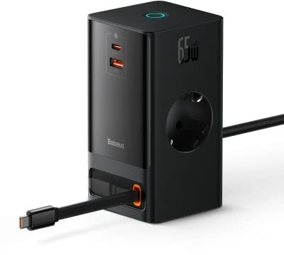 Baseus USB C Ladegerät 65W, GaN III Mehrfach Netzteil mit 2 Steckdose, USB-C&USB-A Schnellladegerät mit USB C Ladekabel, PD Charger für iPhone 15 Pro/14/13/12, MacBook, iPad, Samsung Galaxy S23