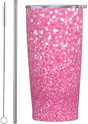 LOUJIN 20oz Travel Mug Sparkling Pink Glitter Tumbler with Straw and Lid Insulated Coffee Cup Stainless Steel Leakproof for Cold Hot Drink Cup