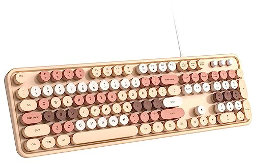 Dilter Wired Keyboard, 104 Keys Full-Sized Typewriter Keyboards, USB Plug and Play Office Keyboard with Number Pad, Caps Indicators, Foldable Stands for Windows, PC, Laptop, Desktop (Milk-Tea)