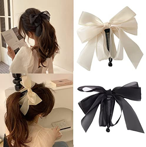 2 Pièces Arcs à Cheveux Grand Pinces à Cheveux pour Filles Femmes Barrettes à Cheveux en Ruban Epingle à Cheveux Noeud Papillon avec Queue en Satin Soyeux Barrettes Françaises,clip banane