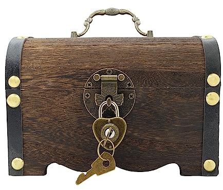Spldsun Boîte Tresor Bois Rétro, Coffre Tresor Bois Petit, pour Ranger Pièces Monnaie, Papier Monnaie, Bagues, Colliers, Bijoux (Noir Profond, avec Serrure en Forme Cœur)