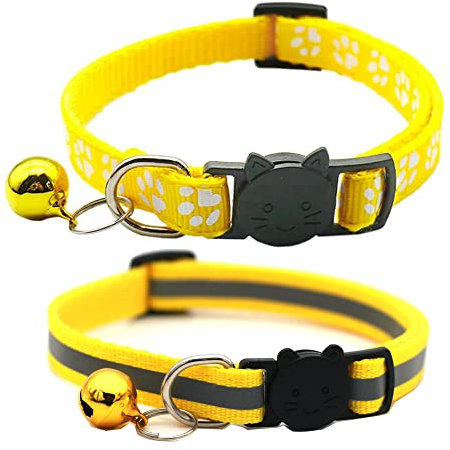 Hepplly 2-Pack Katzenhalsbänder Quick Release Reflective Kitten Halsband mit Glocke (Gelb)