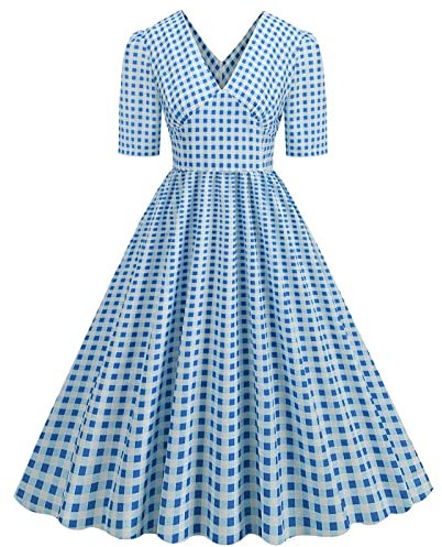BaoDan Robe Cocktail Femme Robe Vintage Femme Robe Annee 20 50 60 Robe Longue à Col En V à Imprimé Carreaux Vintage Et Manches Courtes Pour Femmes