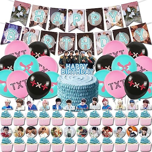 Simmpu 44PCS TXT Geburtstag Deko,TXT Geburtstagsdeko Luftballons TXT Party Dekoration TXT Kuchendeko Cupcake Topper